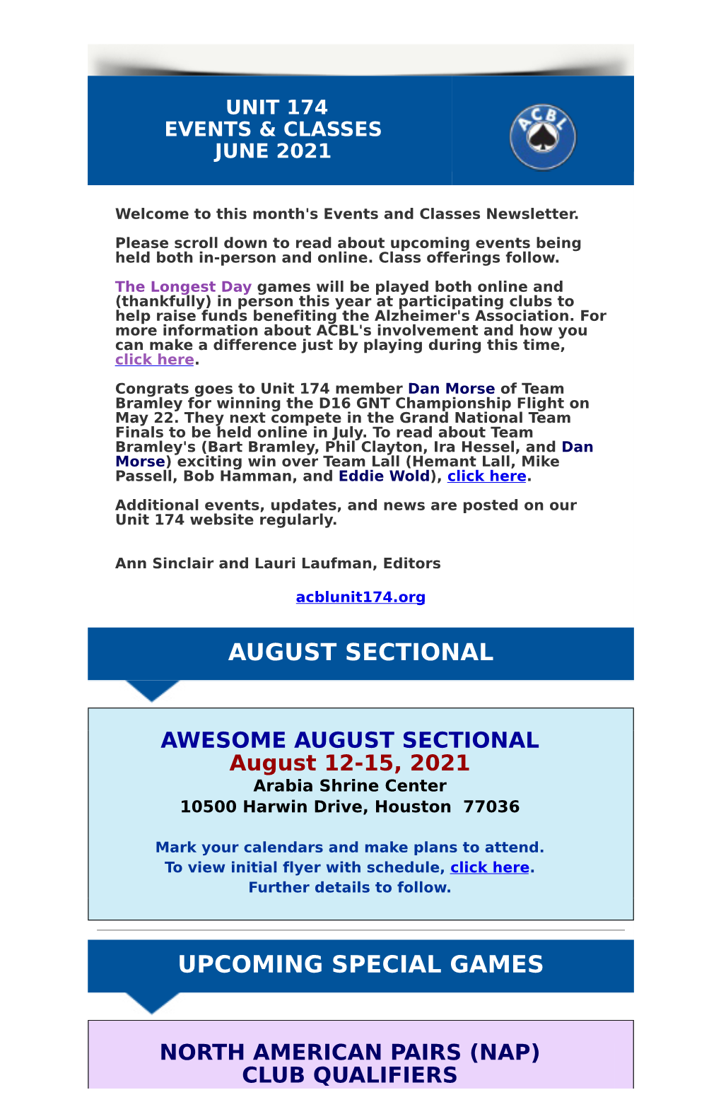 August Sectional Upcoming Special Games