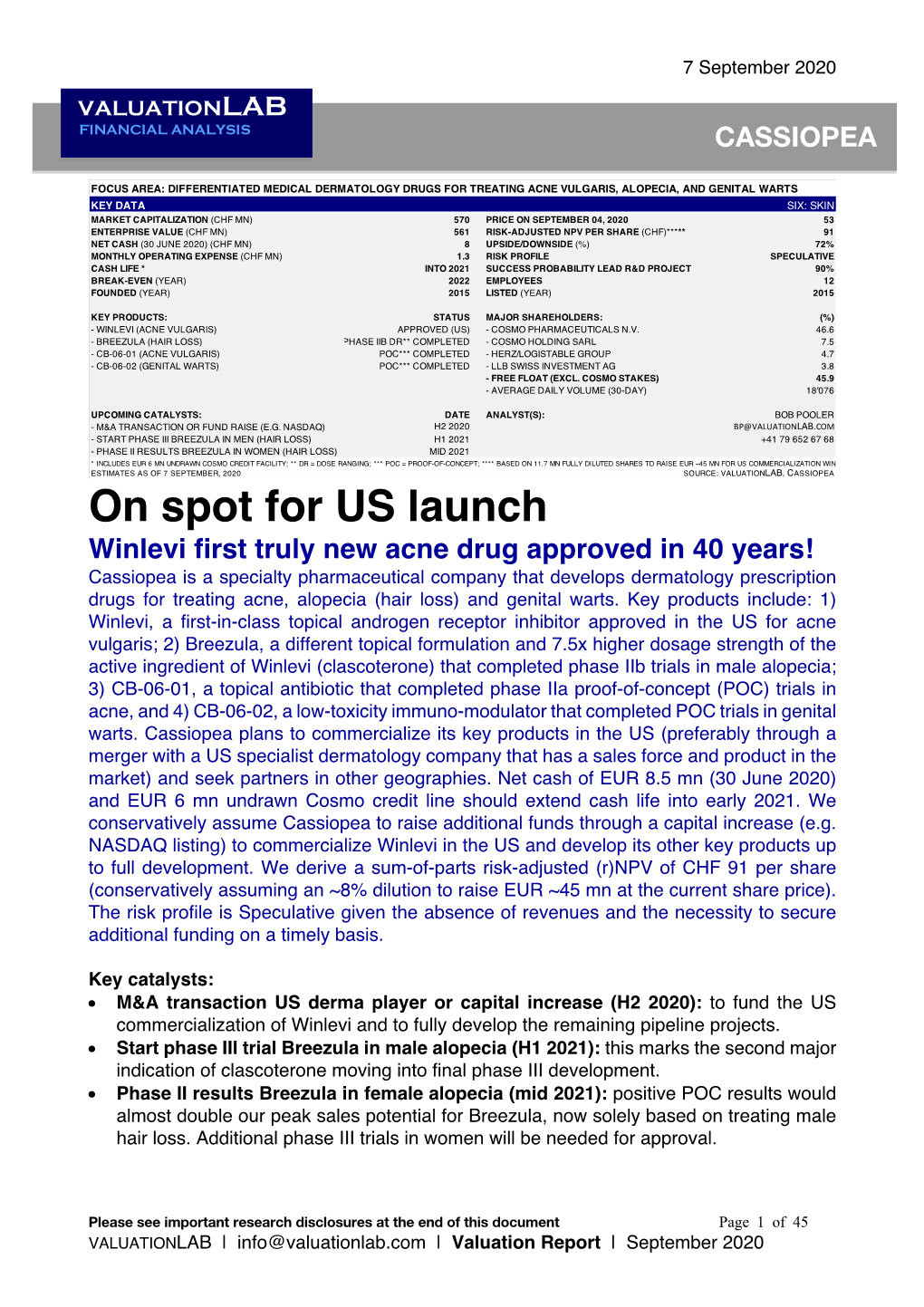 Cassiopea Valuation Report 7SEP20