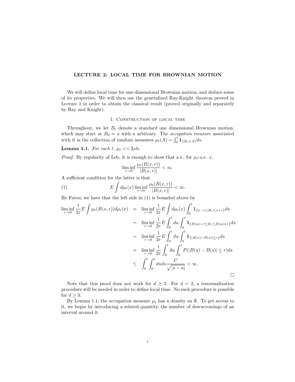 Lecture 2: Local Time for Brownian Motion