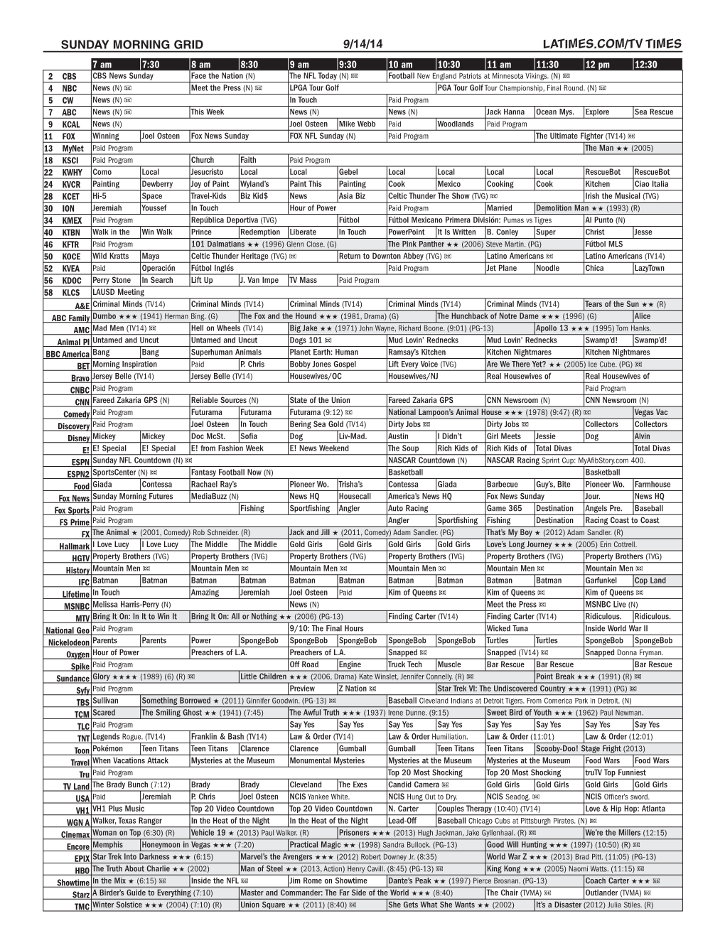 Sunday Morning Grid 9/14/14 Latimes.Com/Tv Times