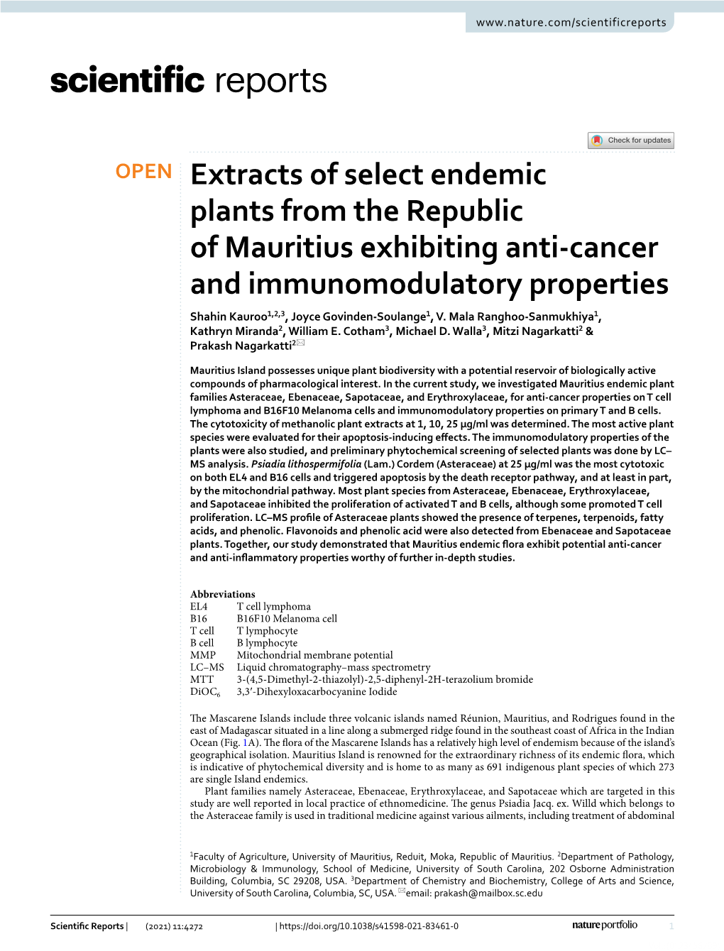 Extracts of Select Endemic Plants from the Republic of Mauritius Exhibiting