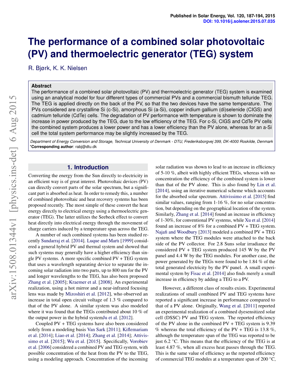 (PV) and Thermoelectric Generator (TEG) System