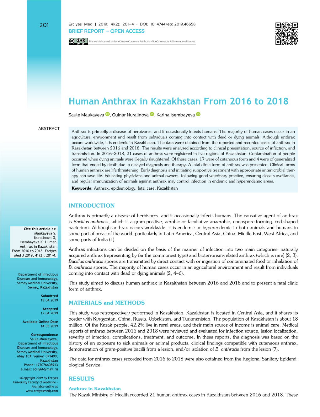 Human Anthrax in Kazakhstan from 2016 to 2018