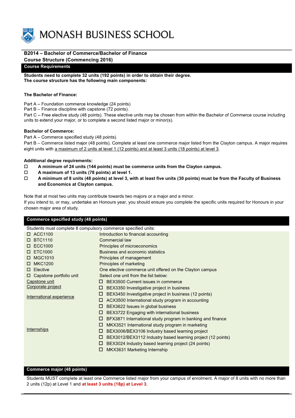 Bachelor of Commerce/Bachelor of Finance Course Structure