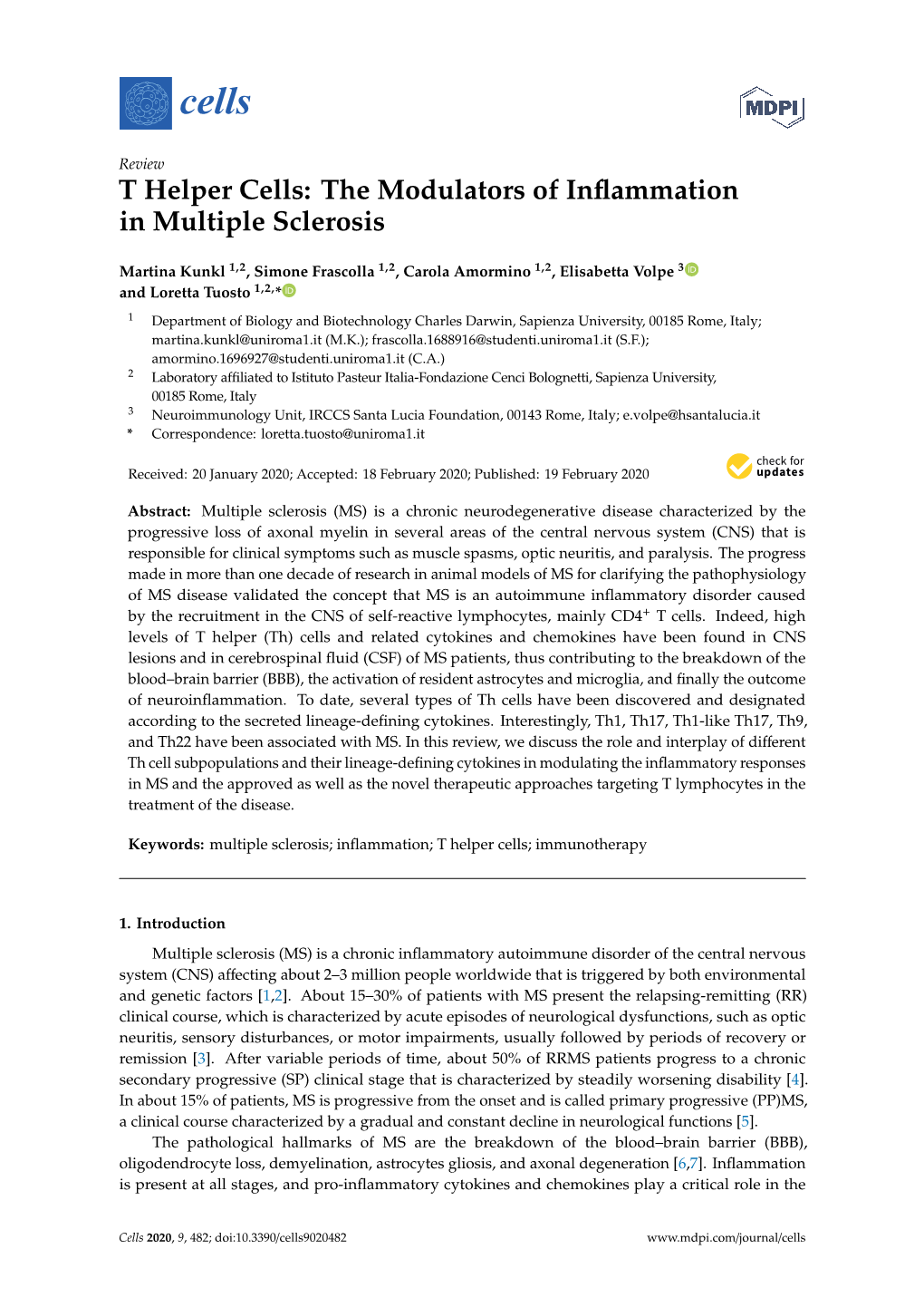 T Helper Cells: the Modulators of Inflammation in Multiple Sclerosis