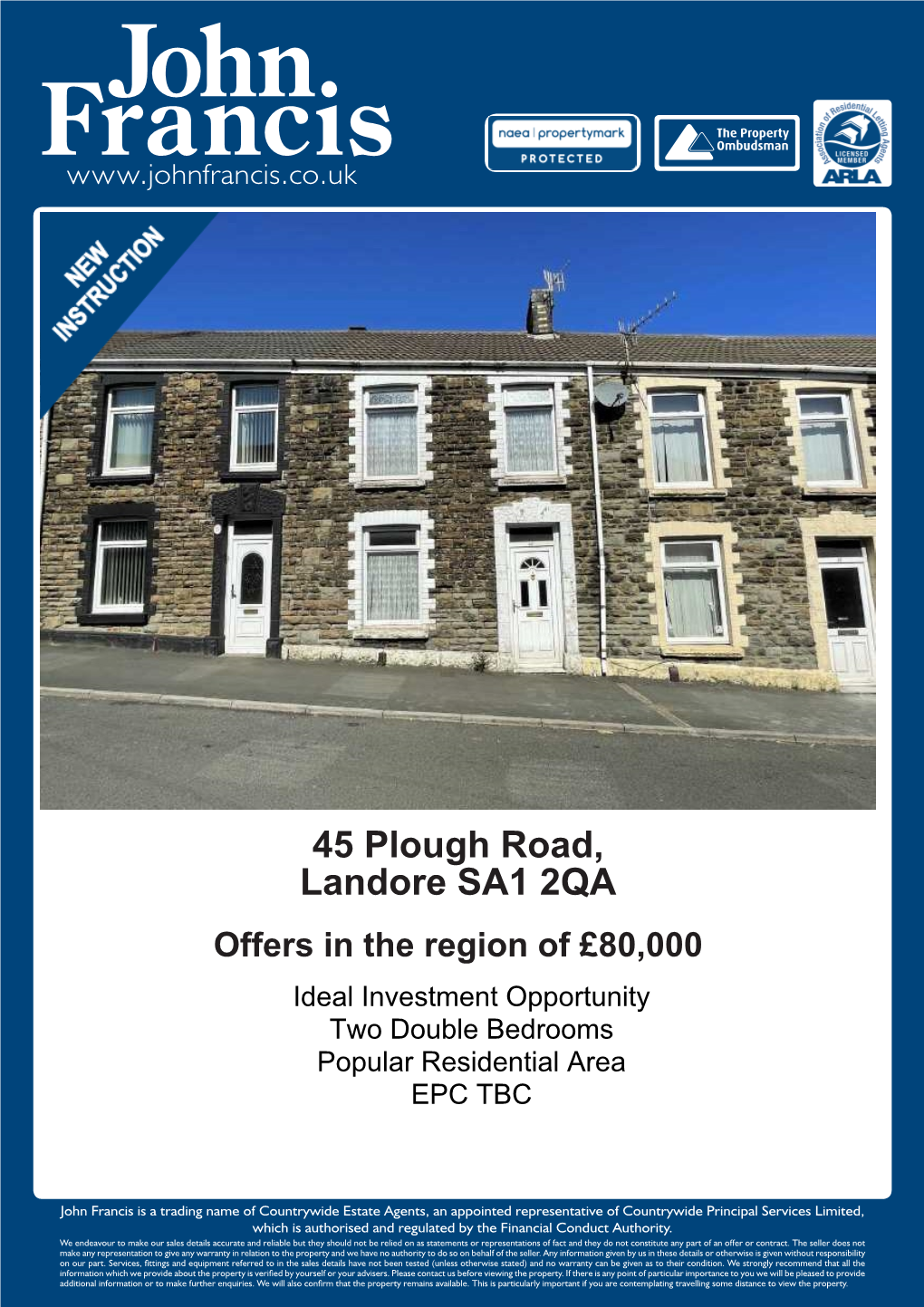 45 Plough Road, Landore SA1 2QA Offers in the Region of £80,000 • Ideal Investment Opportunity • Two Double Bedrooms • Popular Residential Area • EPC TBC