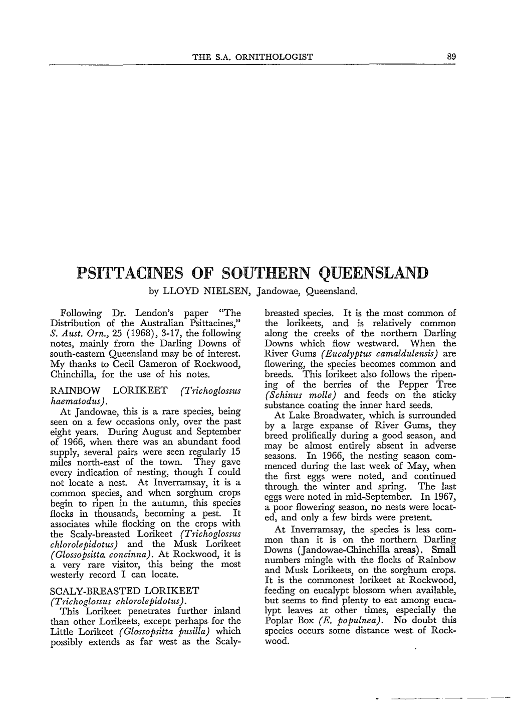 PSITTACINES of SOUTHERN QUEENSLAND by LLOYD NIELSEN, Jandowae, Queensland