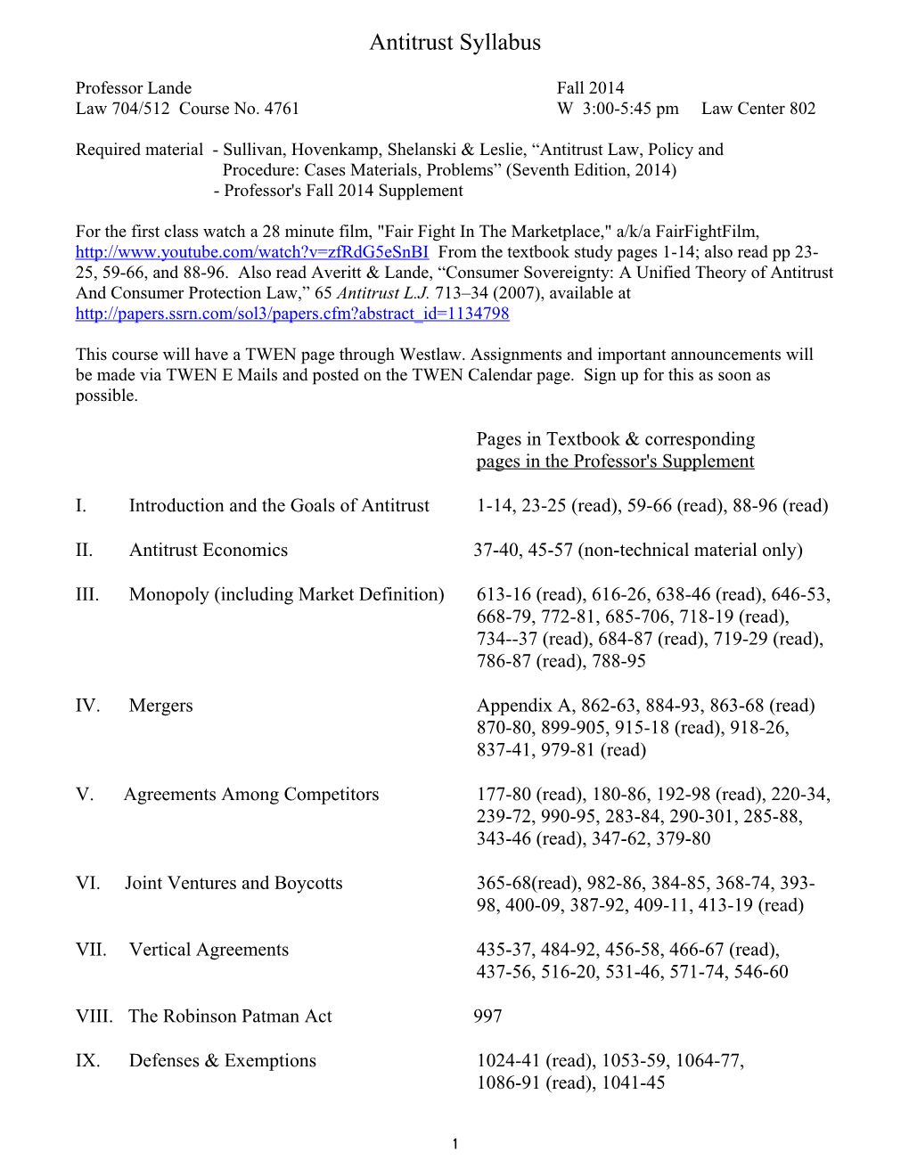 Law 704/512 Course No. 4761 W 3:00-5:45 Pm Law Center 802