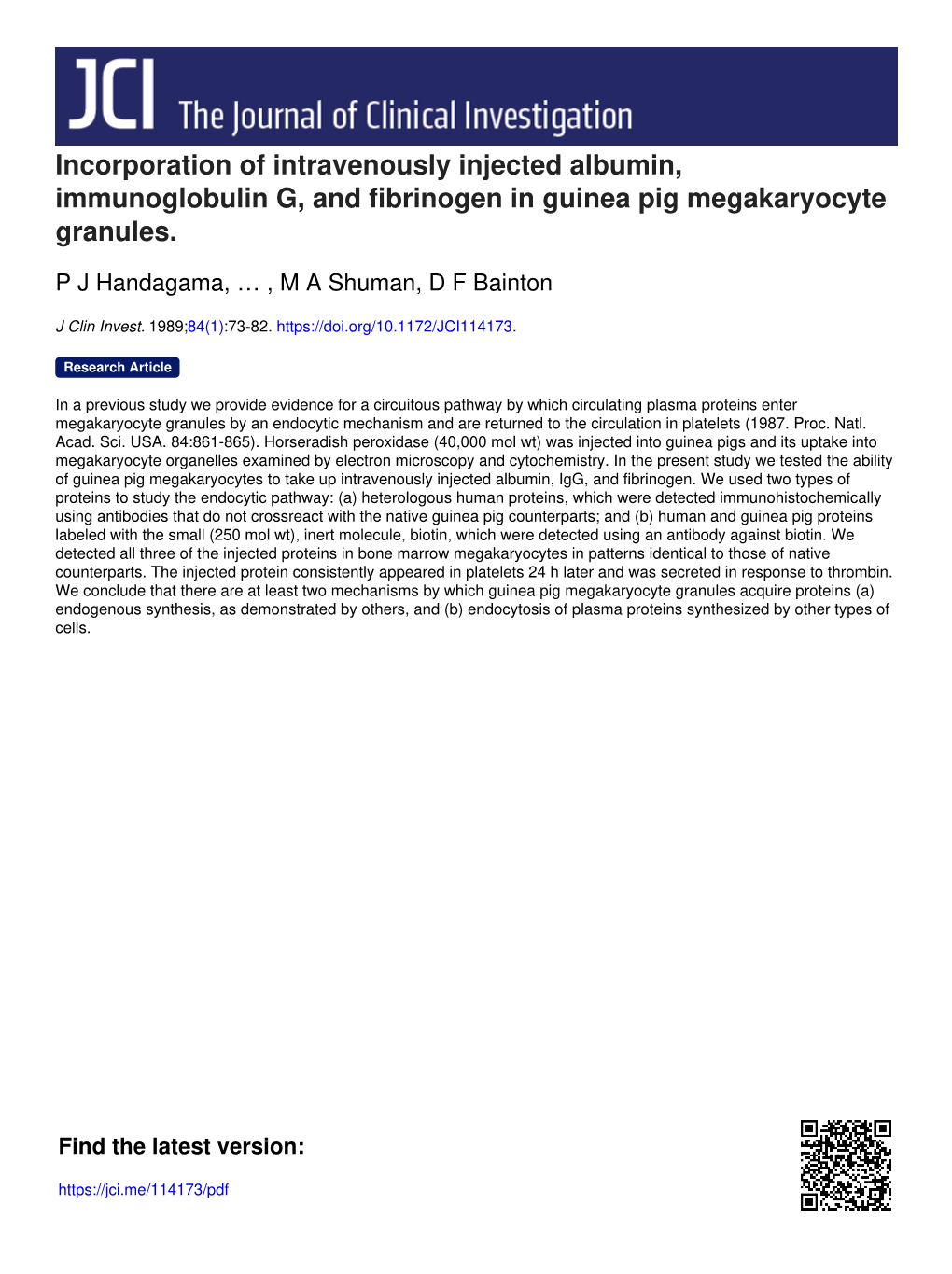 Incorporation of Intravenously Injected Albumin, Immunoglobulin G, and Fibrinogen in Guinea Pig Megakaryocyte Granules