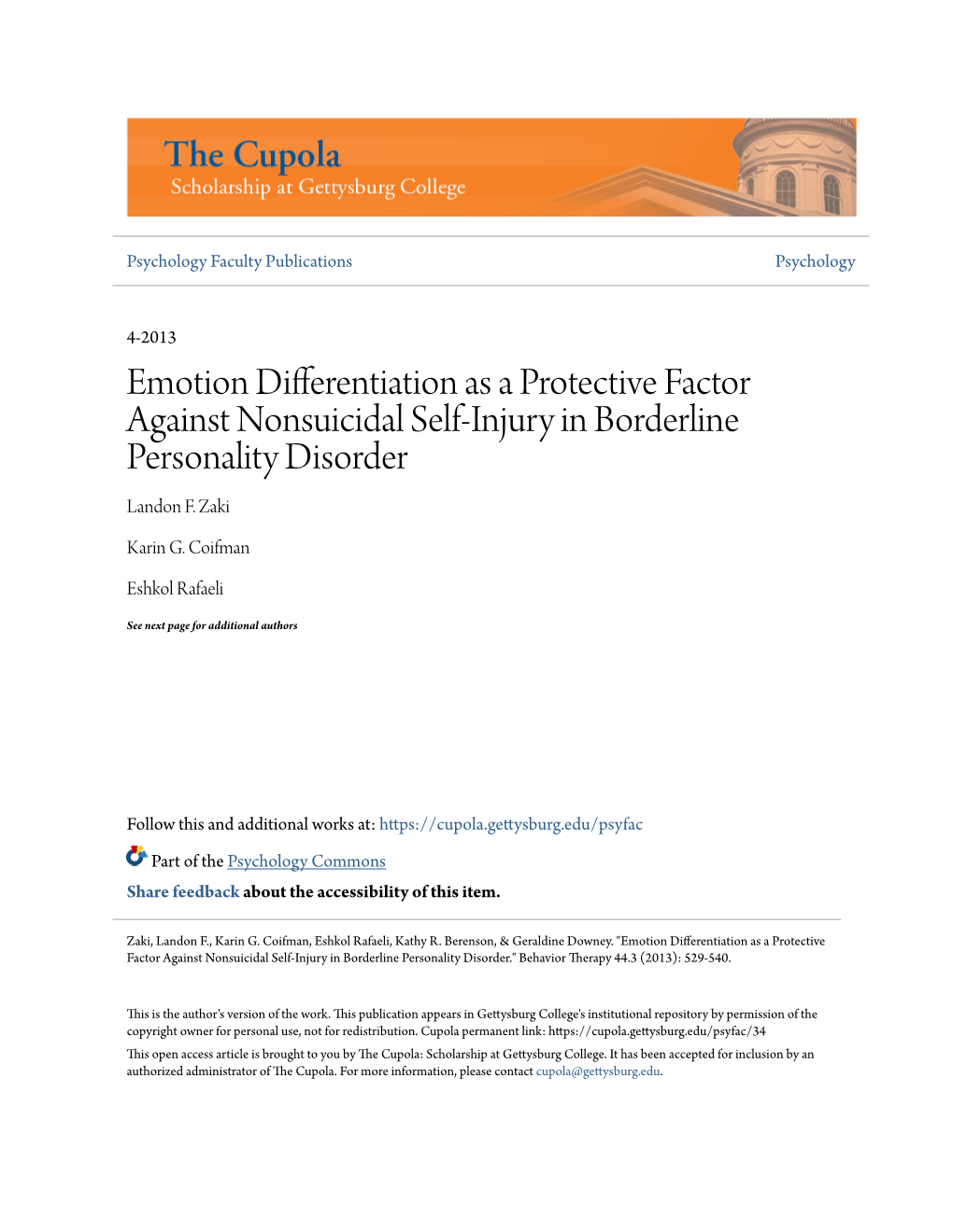 Emotion Differentiation As a Protective Factor Against Nonsuicidal Self-Injury in Borderline Personality Disorder Landon F