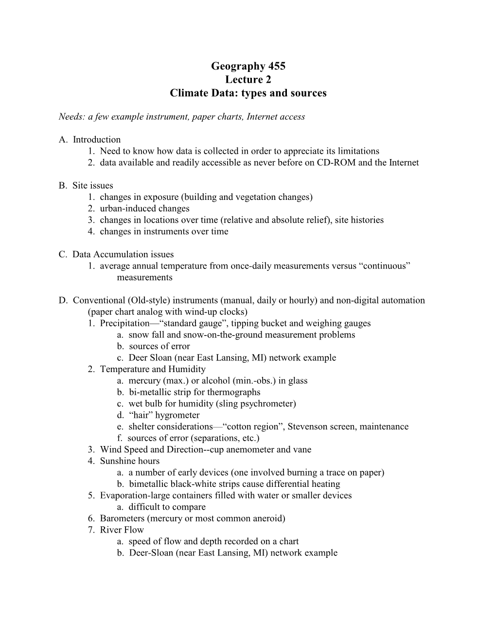 Geography 455 Lecture 2 Climate Data: Types and Sources