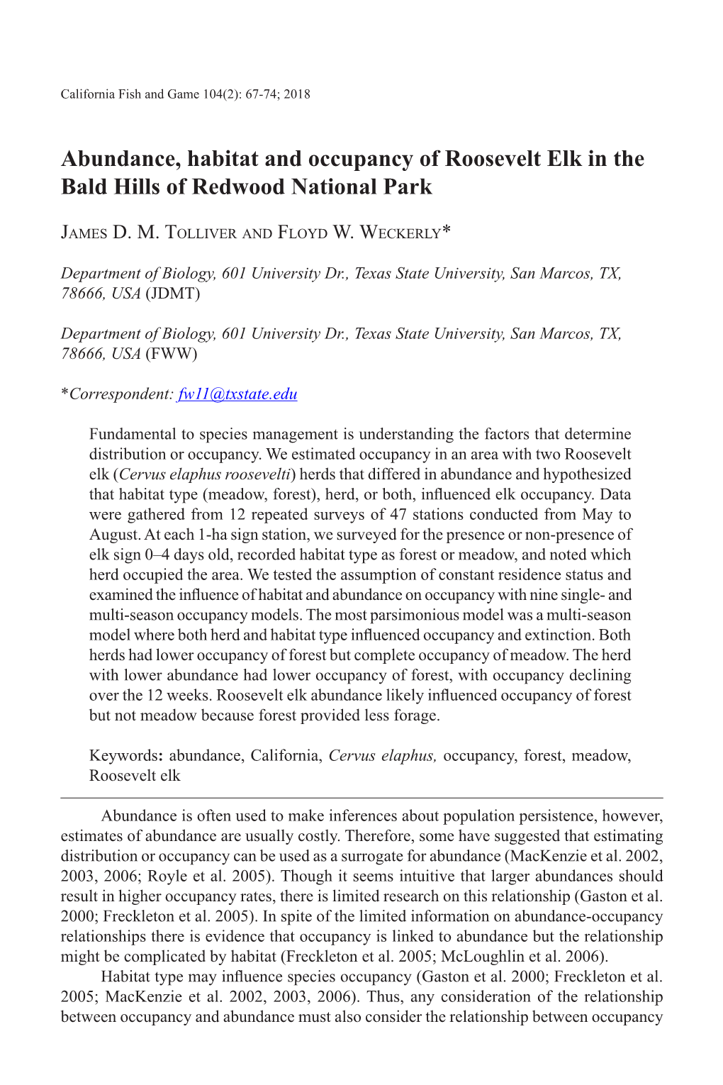 Abundance, Habitat and Occupancy of Roosevelt Elk in the Bald Hills of Redwood National Park