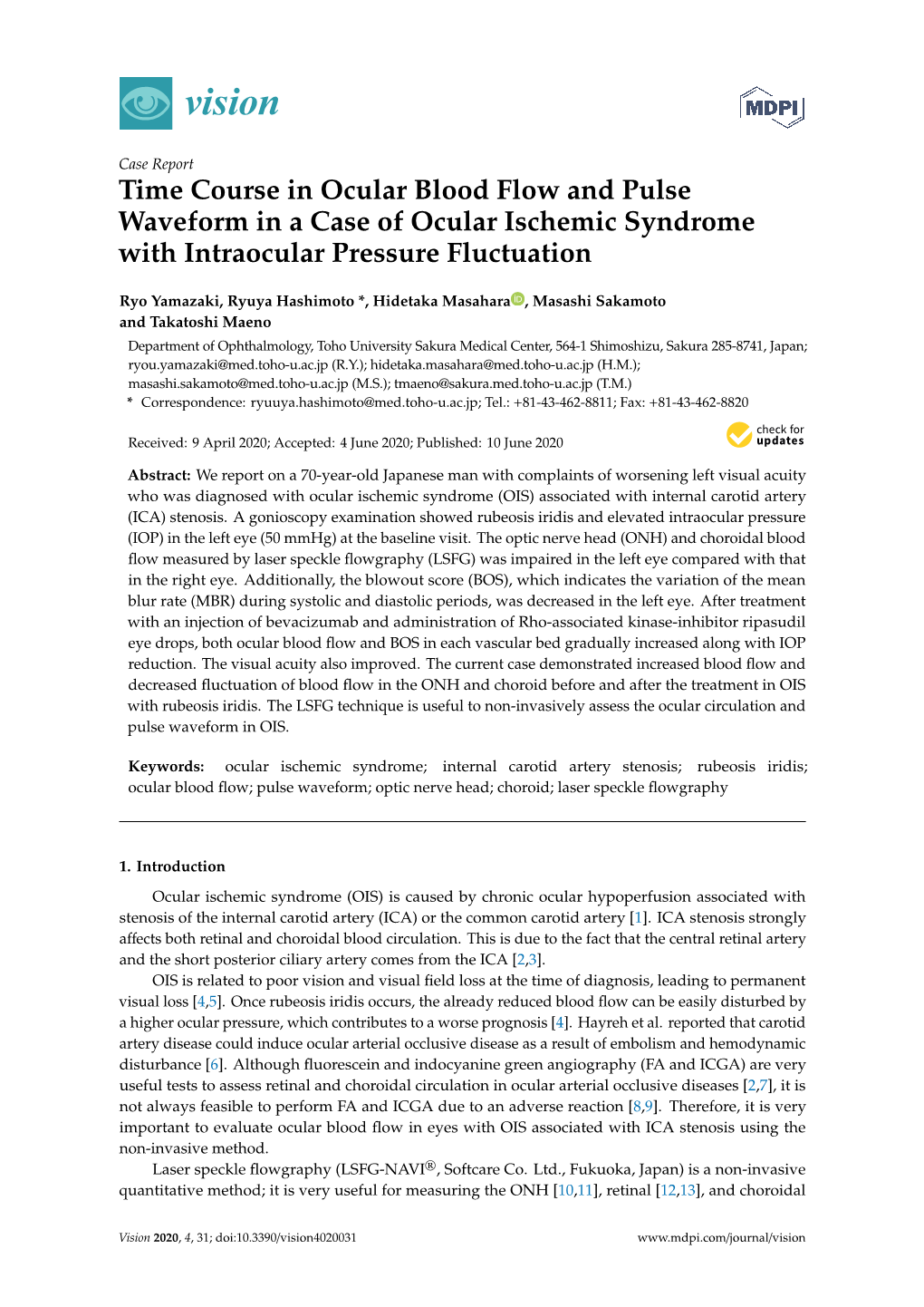 Time Course in Ocular Blood Flow and Pulse Waveform in a Case of Ocular Ischemic Syndrome with Intraocular Pressure Fluctuation