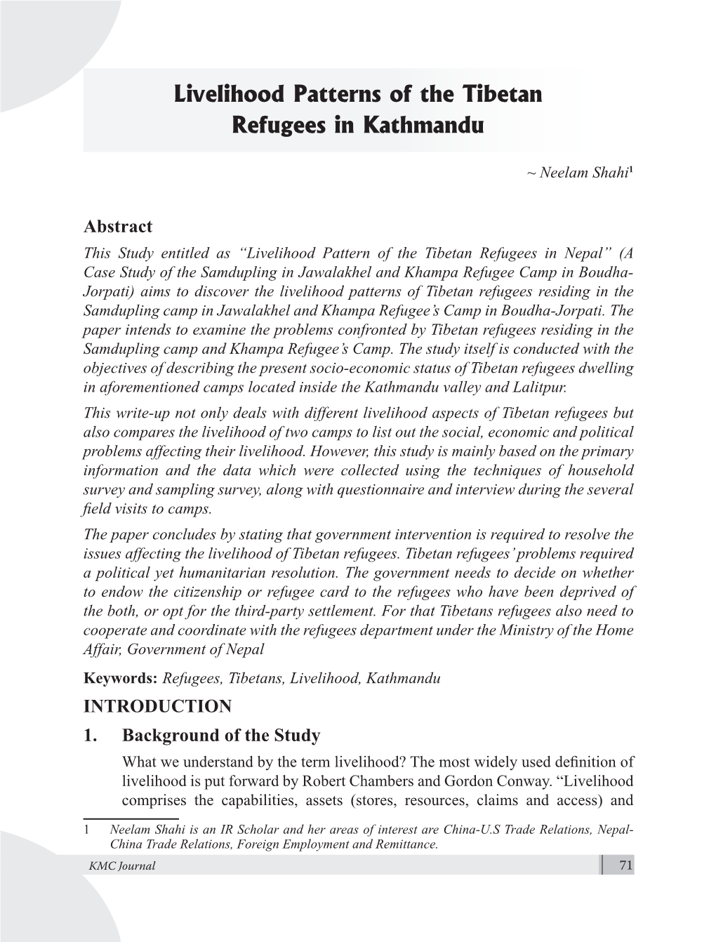 Livelihood Patterns of the Tibetan Refugees in Kathmandu