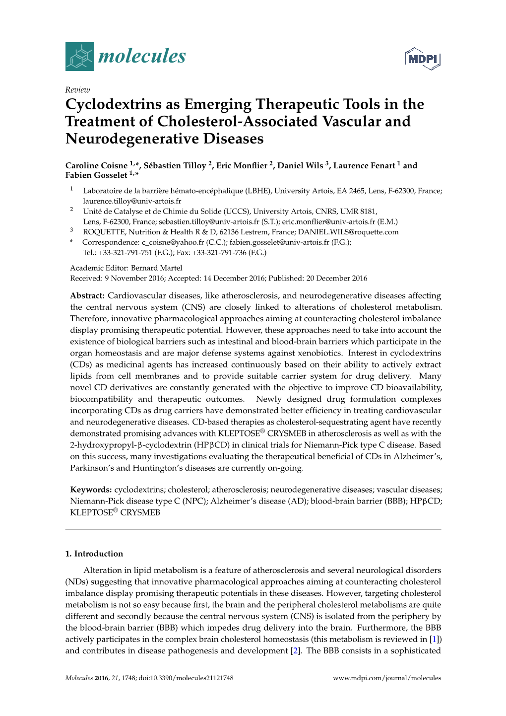 Cyclodextrins As Emerging Therapeutic Tools in the Treatment of Cholesterol-Associated Vascular and Neurodegenerative Diseases