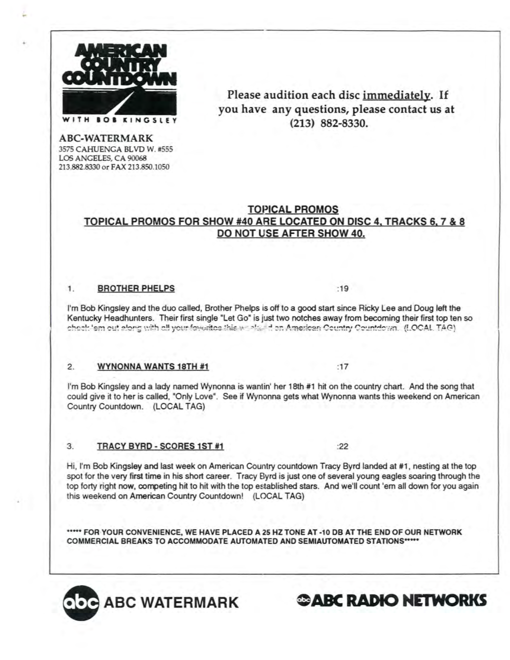 OABC RADIO NETWORKS AIR DATE WEEKEND: 10/2/93 @ IABC Watermark ~ HOURS~ SHOW #.4.Q