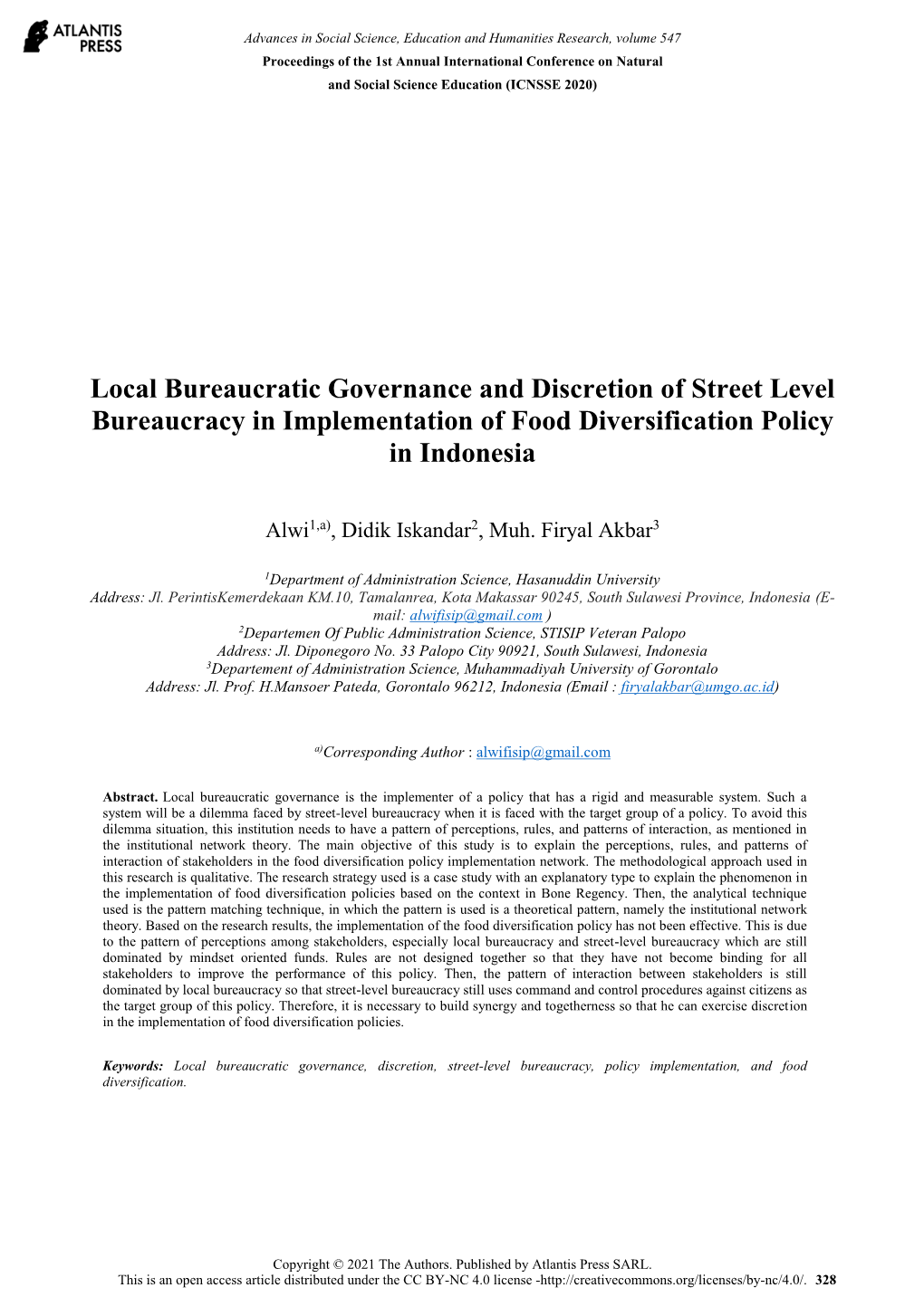 Local Bureaucratic Governance and Discretion of Street Level Bureaucracy in Implementation of Food Diversification Policy in Indonesia