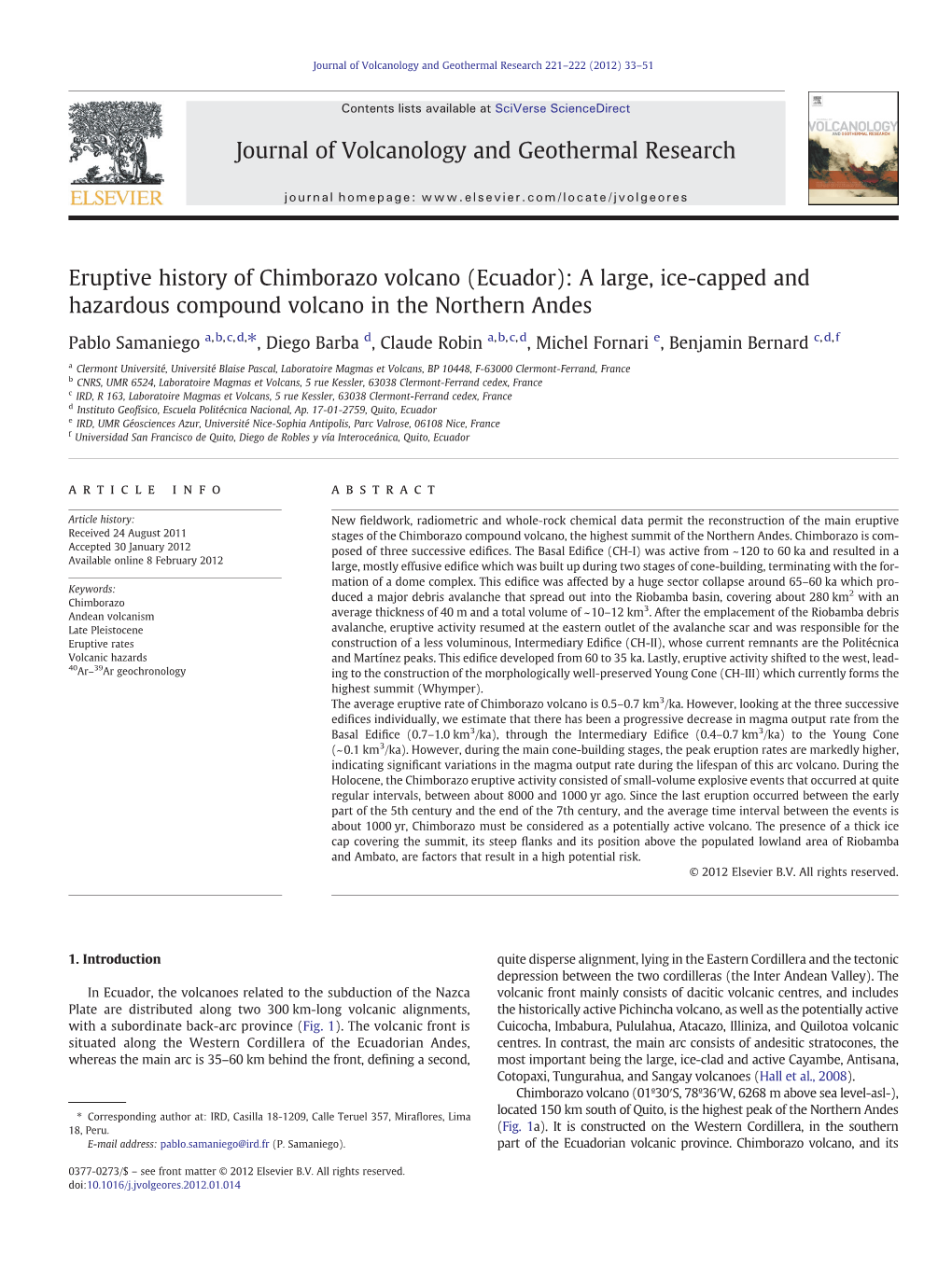 Eruptive History of Chimborazo Volcano (Ecuador): a Large, Ice-Capped and Hazardous Compound Volcano in the Northern Andes