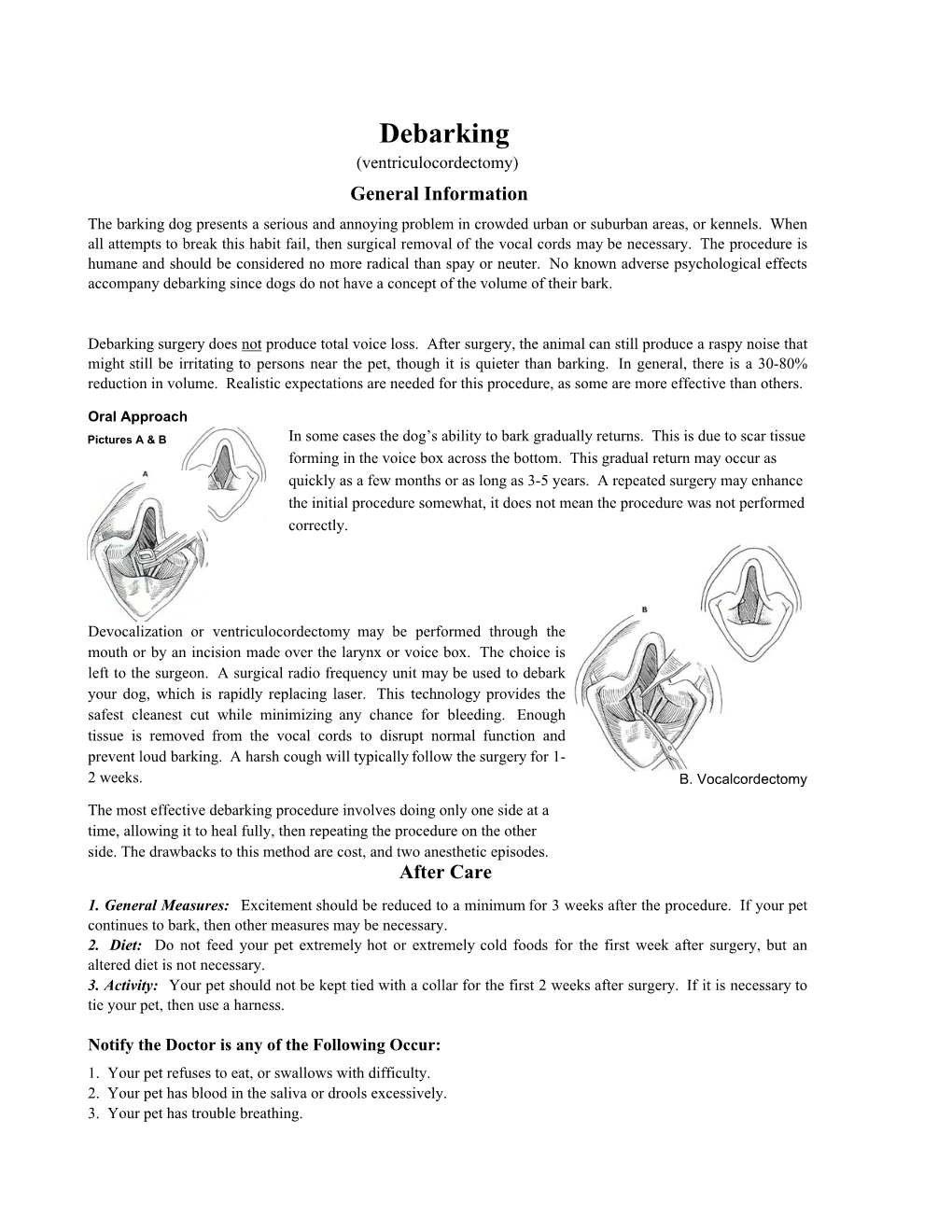 Debarking (Ventriculocordectomy) General Information the Barking Dog Presents a Serious and Annoying Problem in Crowded Urban Or Suburban Areas, Or Kennels