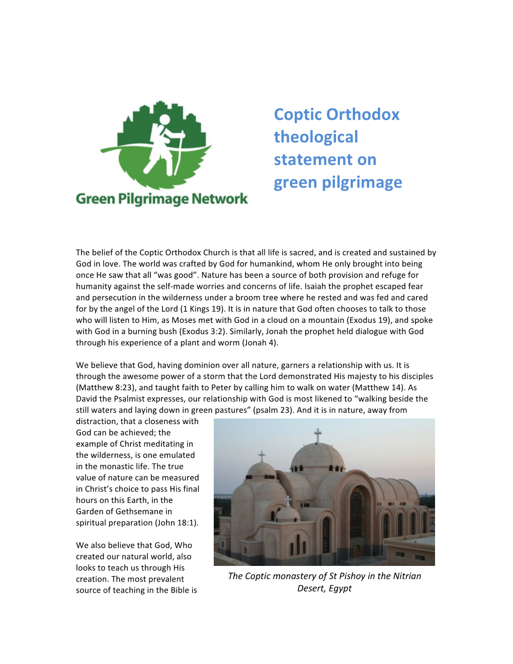 ! ! Coptic!Orthodox! Theological! Statement!On! Green!Pilgrimage!