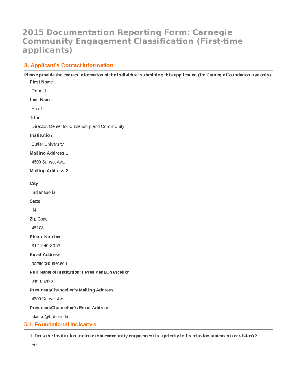 2015 Documentation Reporting Form: Carnegie Community Engagement Classification (First-Time Applicants)