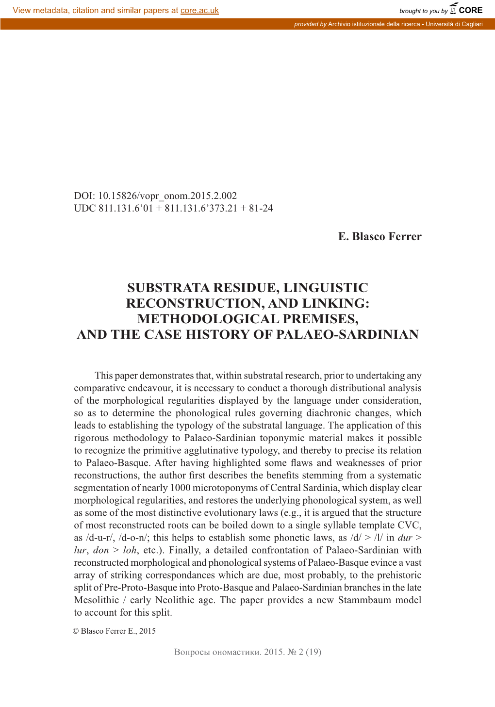 Substrata Residue, Linguistic Reconstruction, and Linking: Methodological Premises, and the Case History of Palaeo-Sardinian