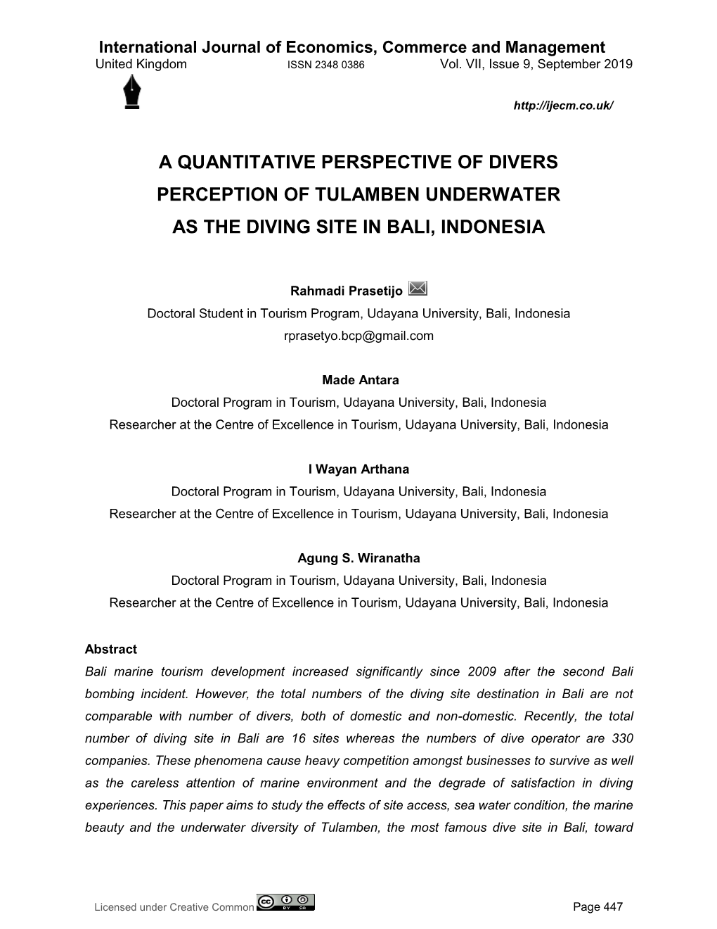 A Quantitative Perspective of Divers Perception of Tulamben Underwater As the Diving Site in Bali, Indonesia
