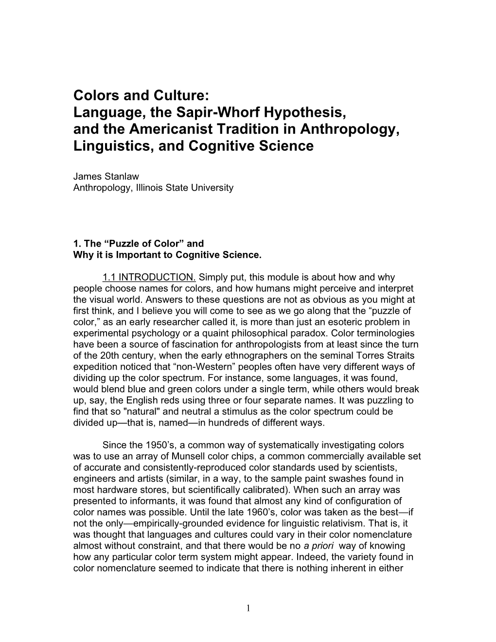 Colors and Culture: Language, the Sapir-Whorf Hypothesis, and the Americanist Tradition in Anthropology, Linguistics, and Cognitive Science