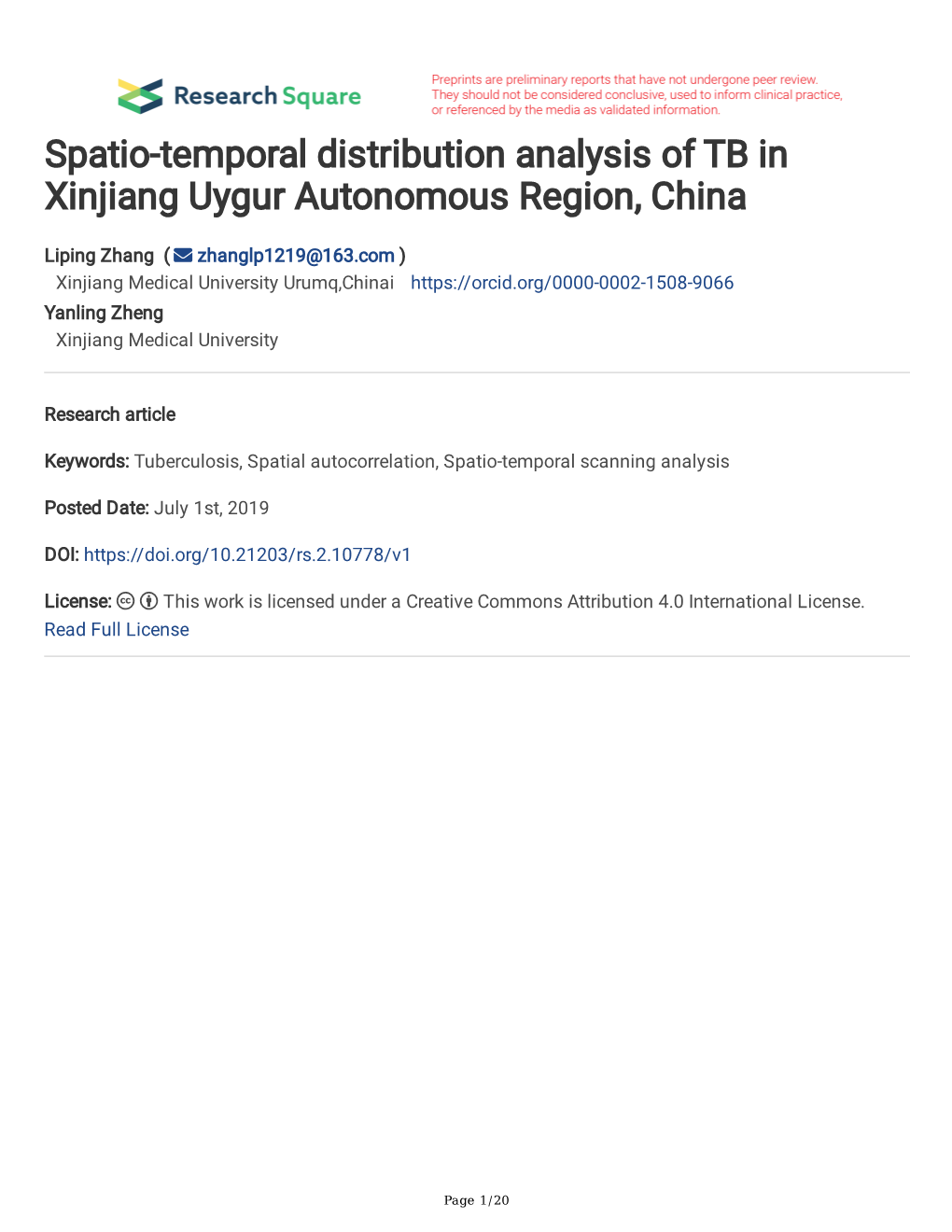 Spatio-Temporal Distribution Analysis of TB in Xinjiang Uygur Autonomous Region, China