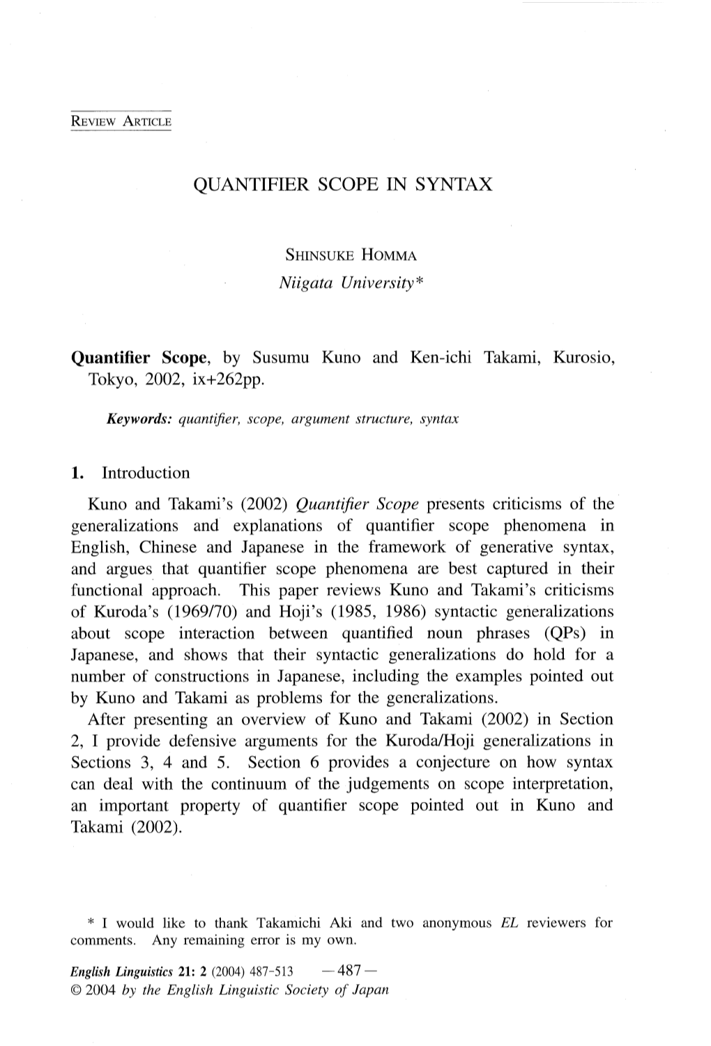 QUANTIFIER SCOPE in SYNTAX Quantifier Scope, by Susumu Kuno