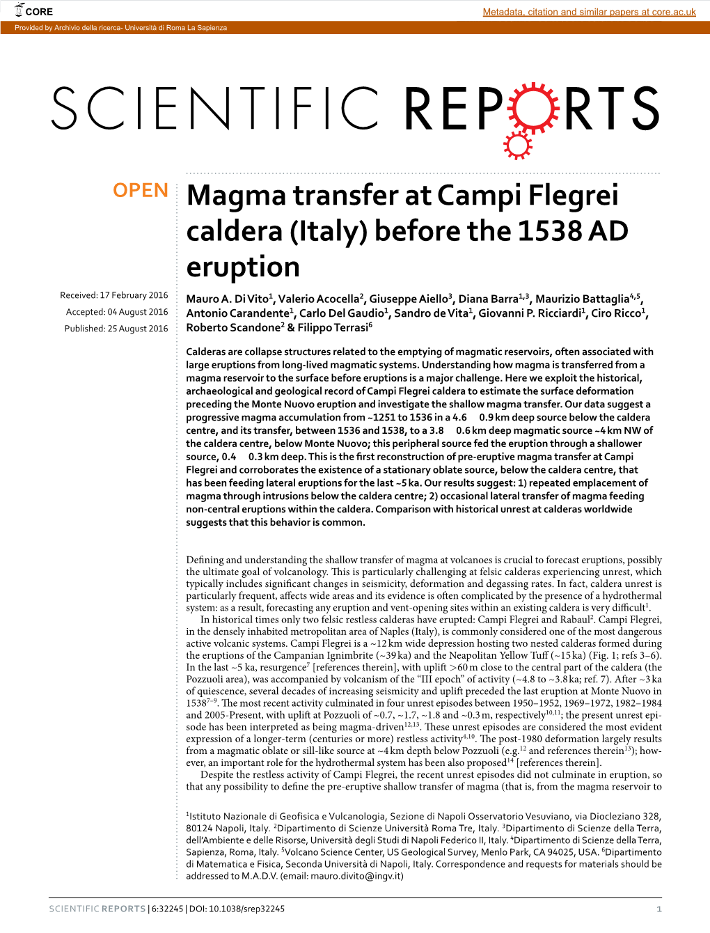 Magma Transfer at Campi Flegrei Caldera (Italy) Before the 1538 AD Eruption Received: 17 February 2016 Mauro A