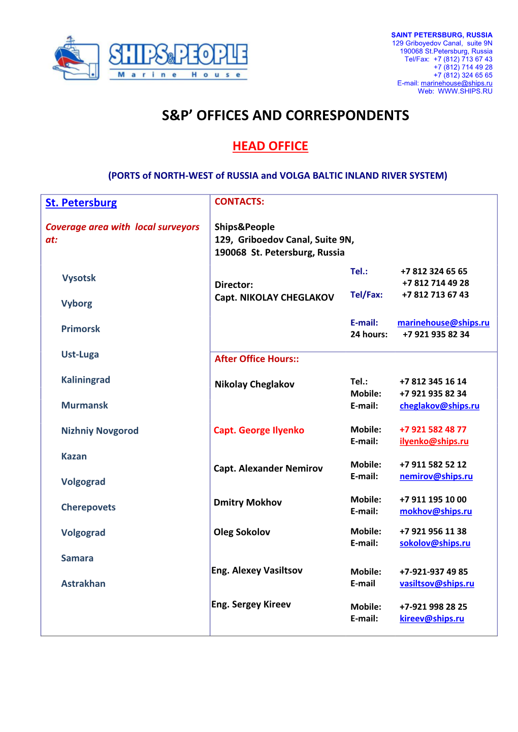 S&P' Offices and Correspondents