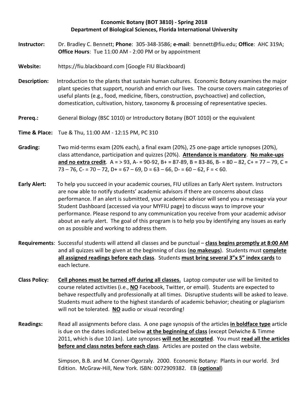 Economic Botany (BOT 3810) ‐ Spring 2018 Department of Biological Sciences, Florida International University