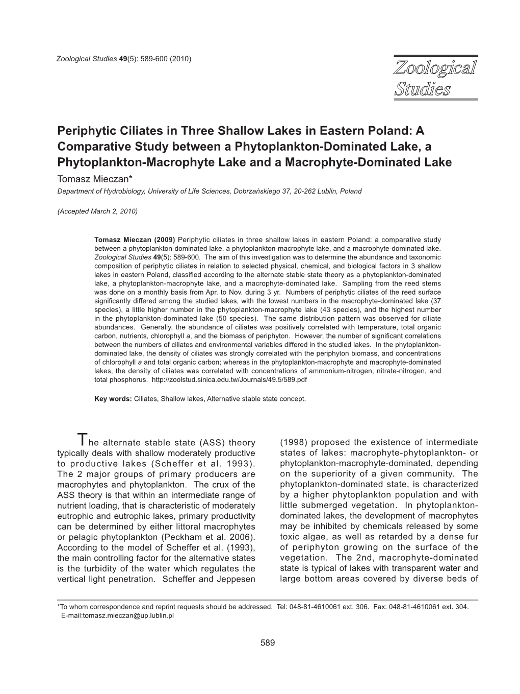 Periphytic Ciliates in Three Shallow Lakes in Eastern Poland