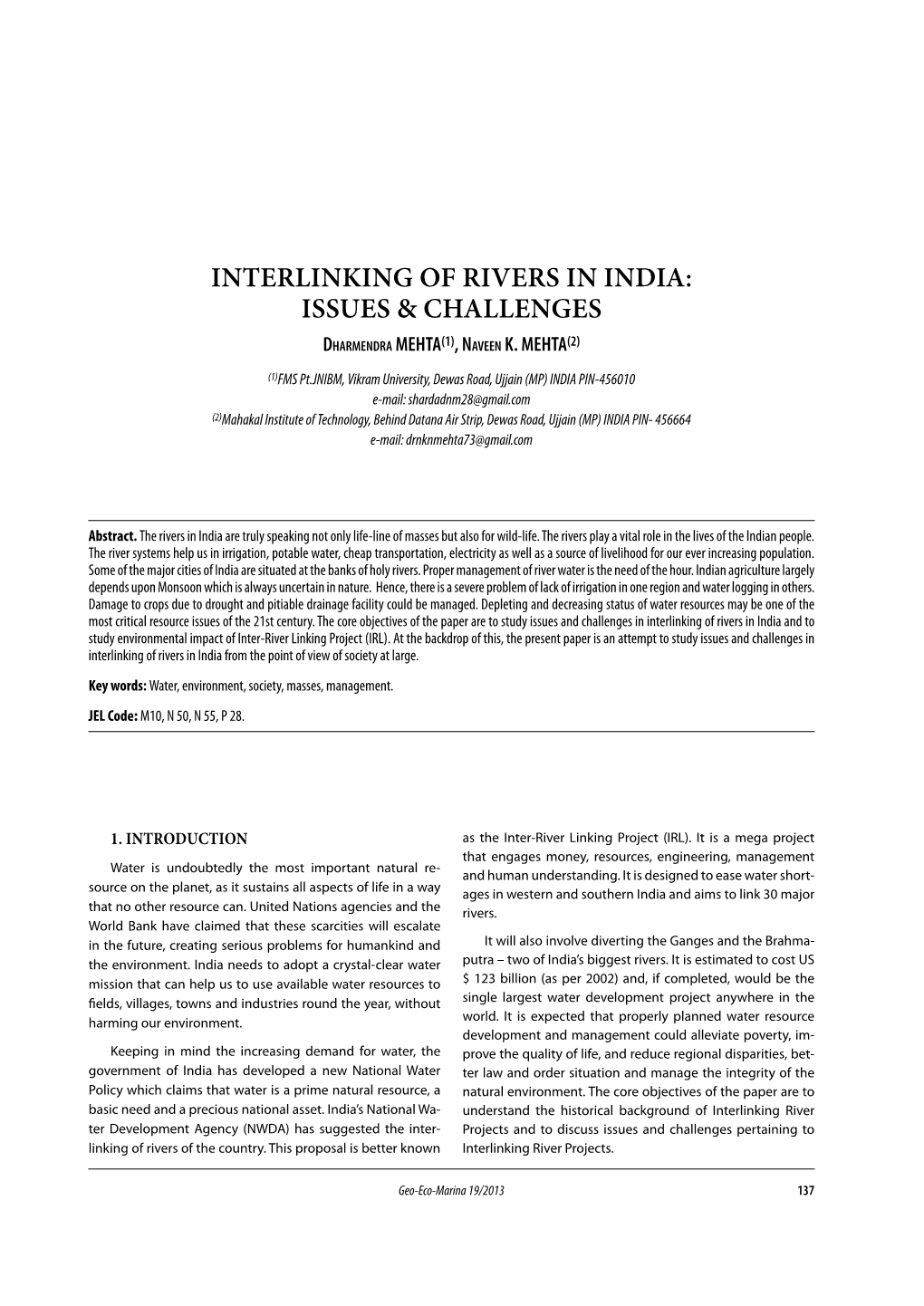 Interlinking of Rivers in India: Issues & Challenges