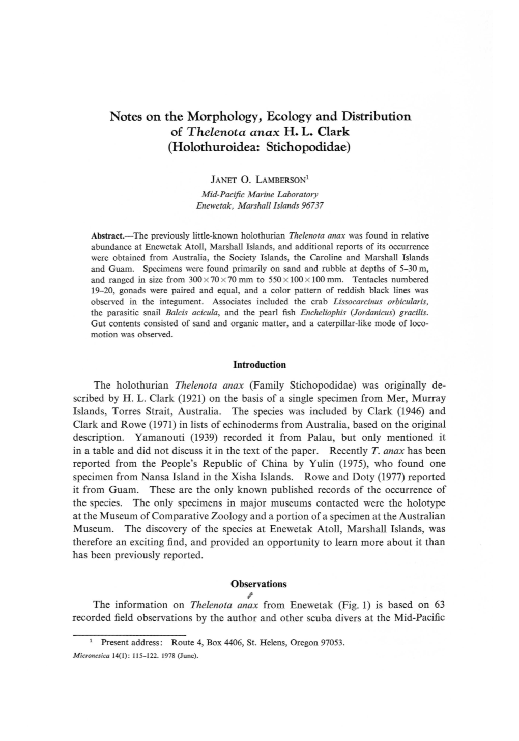 Notes on the Morphology, Ecology and Distribution of Thelenota Anax H