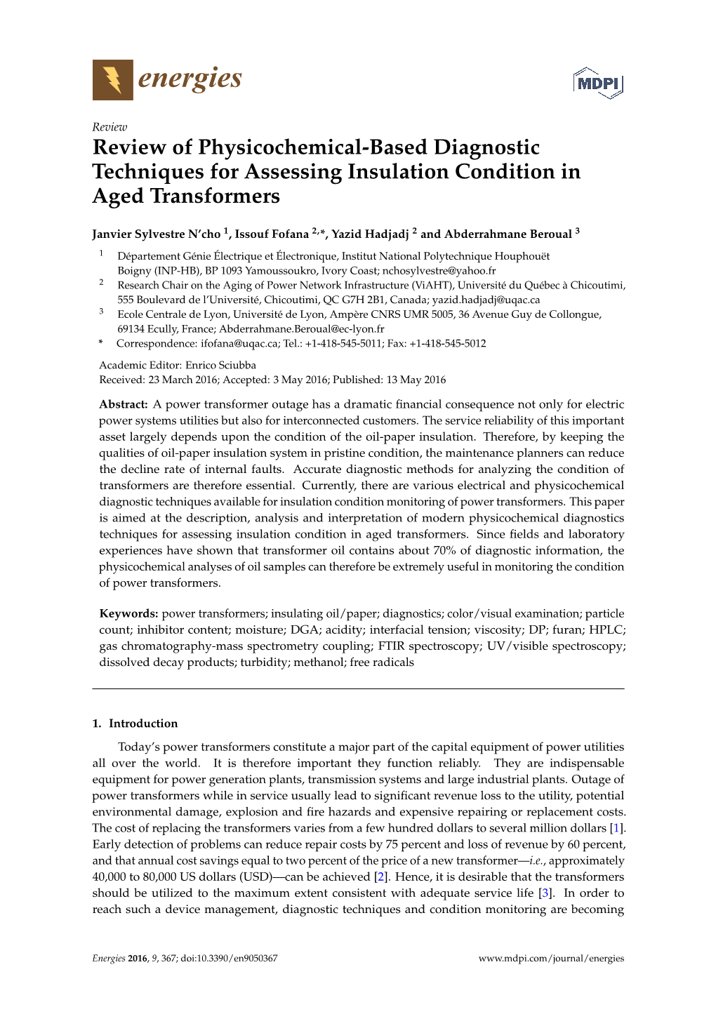 Review of Physicochemical-Based Diagnostic Techniques for Assessing Insulation Condition in Aged Transformers