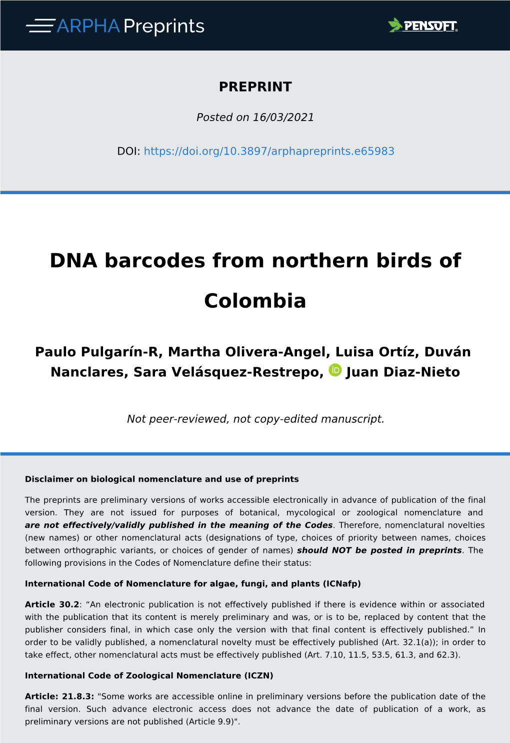 DNA Barcodes from Northern Birds of Colombia