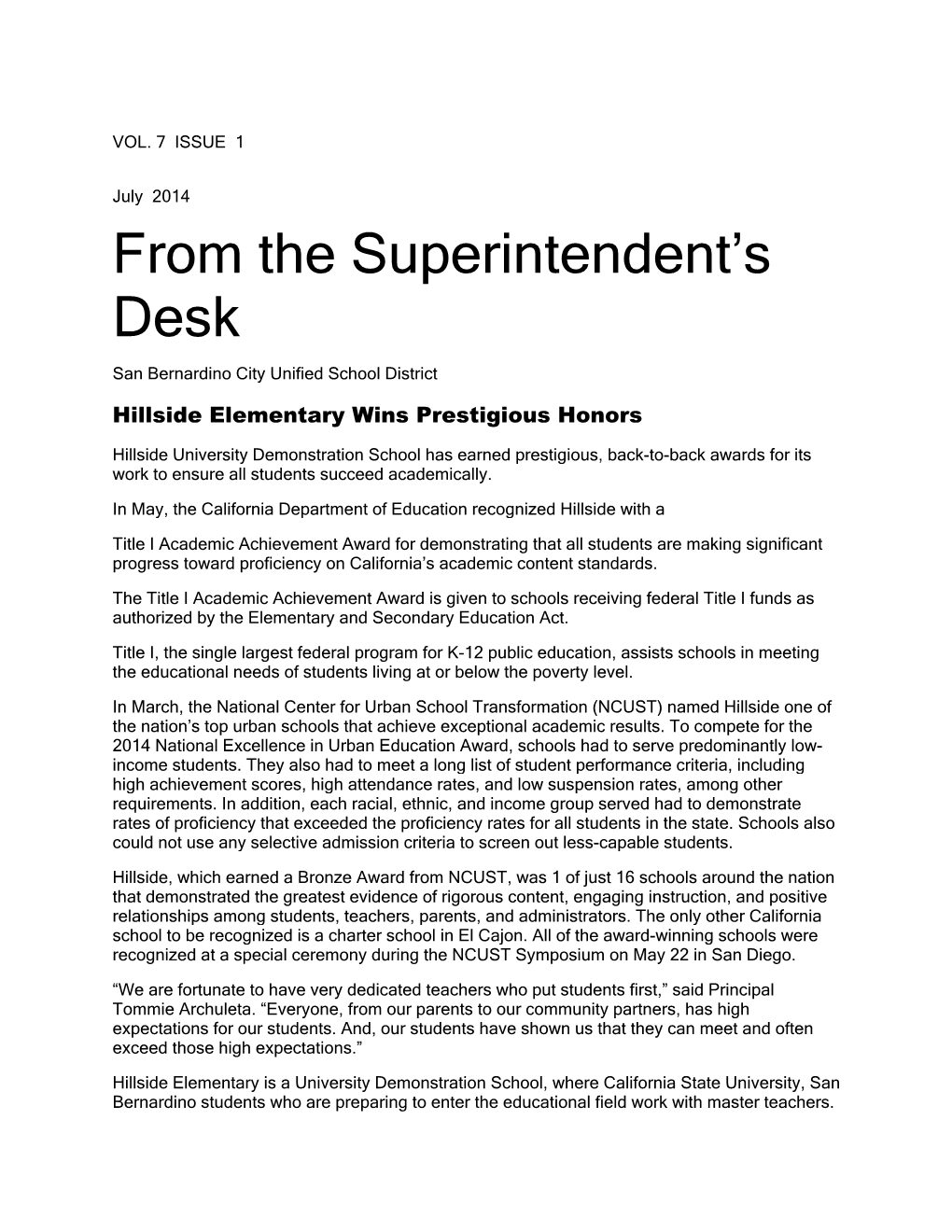 From the Superintendent's Desk