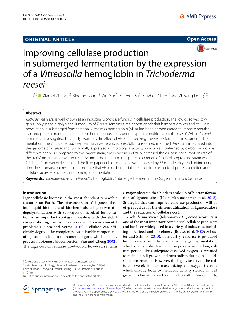 Improving Cellulase Production in Submerged Fermentation by the Expression of a Vitreoscilla Hemoglobin in Trichoderma Reesei