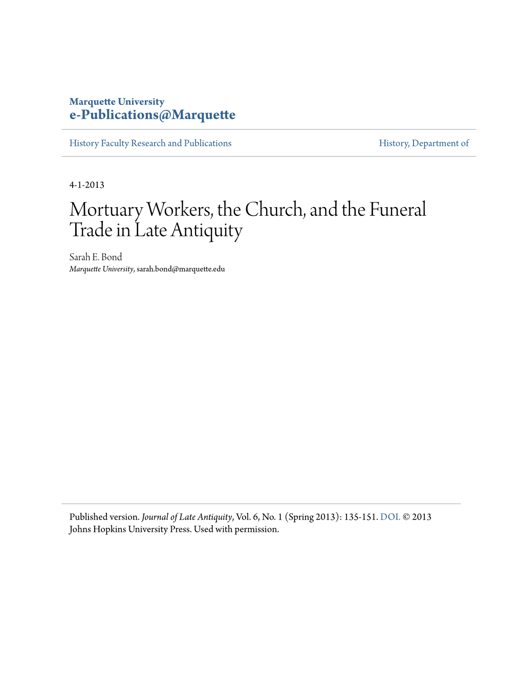 Mortuary Workers, the Church, and the Funeral Trade in Late Antiquity Sarah E