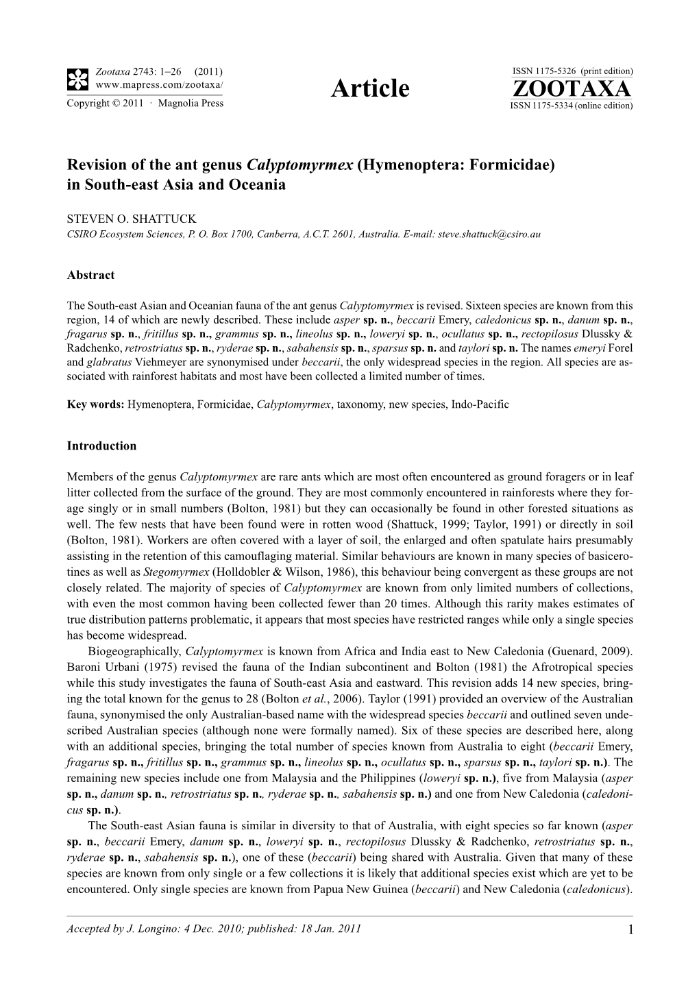 Revision of the Ant Genus Calyptomyrmex (Hymenoptera: Formicidae) in South-East Asia and Oceania