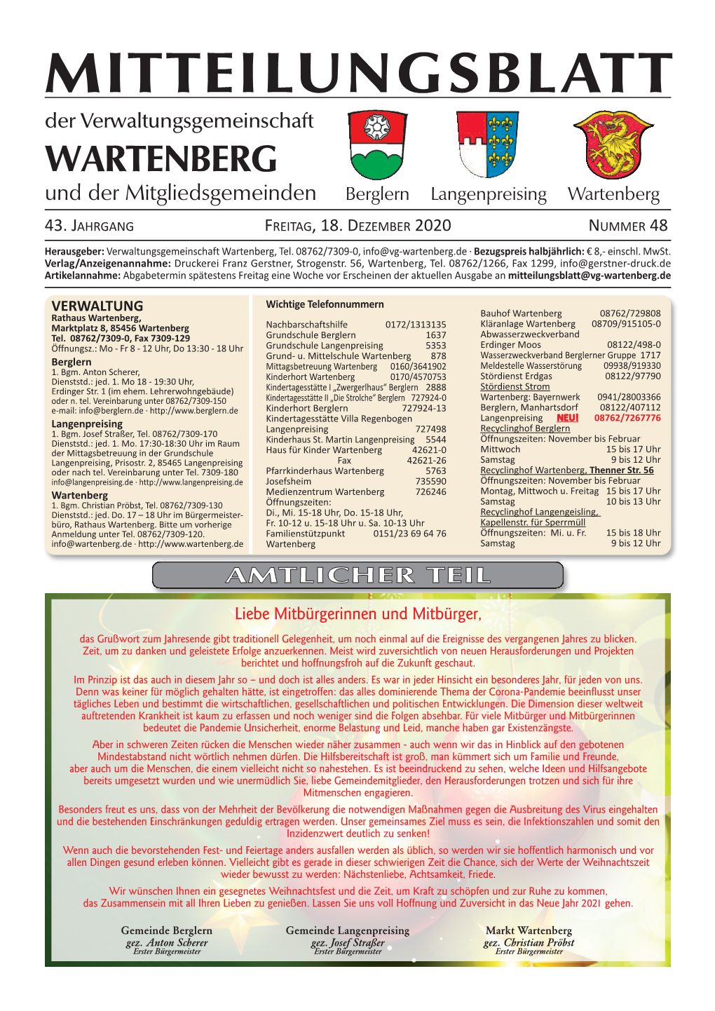 MITTEILUNGSBLATT Der Verwaltungsgemeinschaft WARTENBERG Und Der Mitgliedsgemeinden Berglern Langenpreising Wartenberg