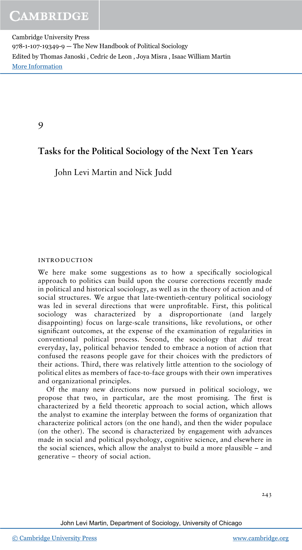 Tasks for the Political Sociology of the Next Ten Years