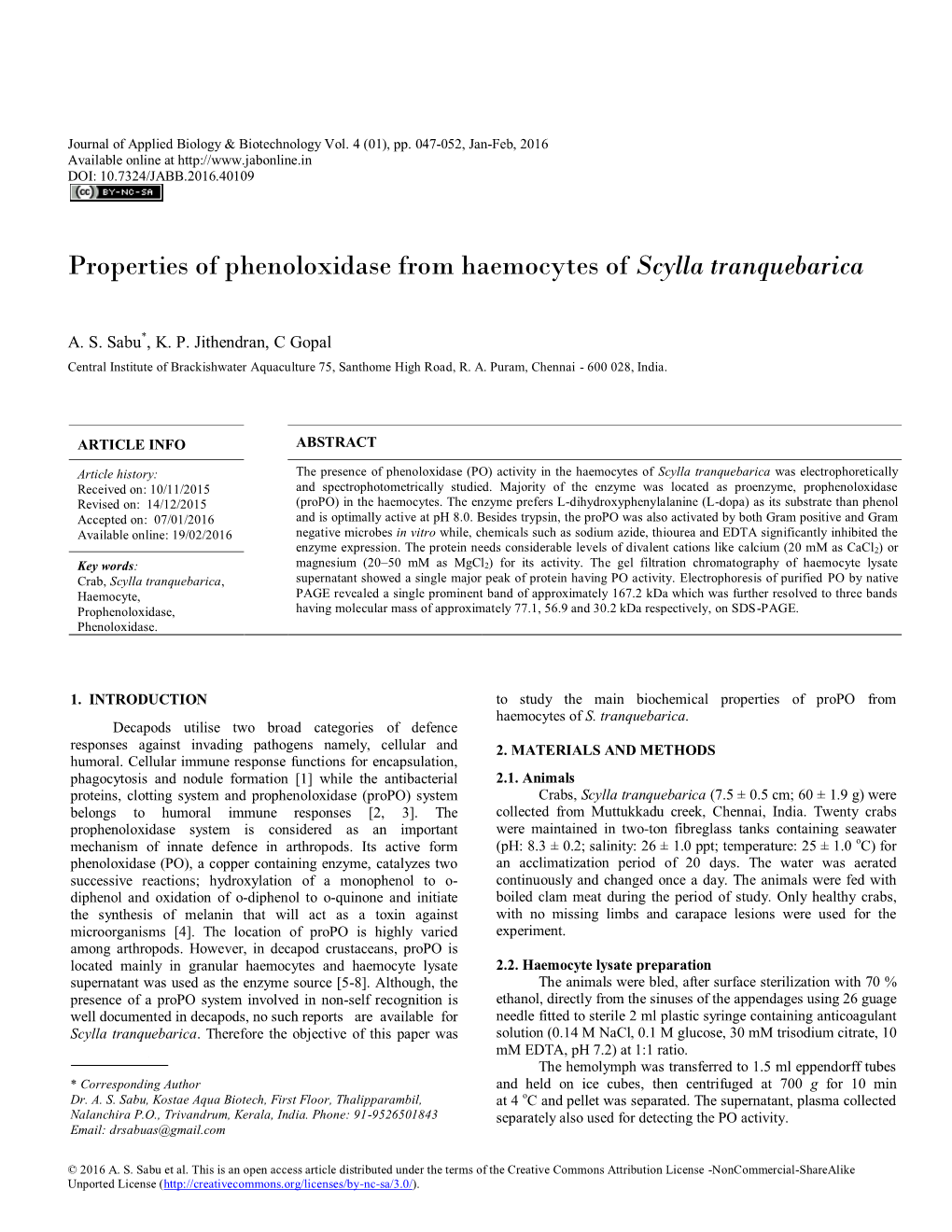 Properties of Phenoloxidase from Haemocytes of Scylla Tranquebarica