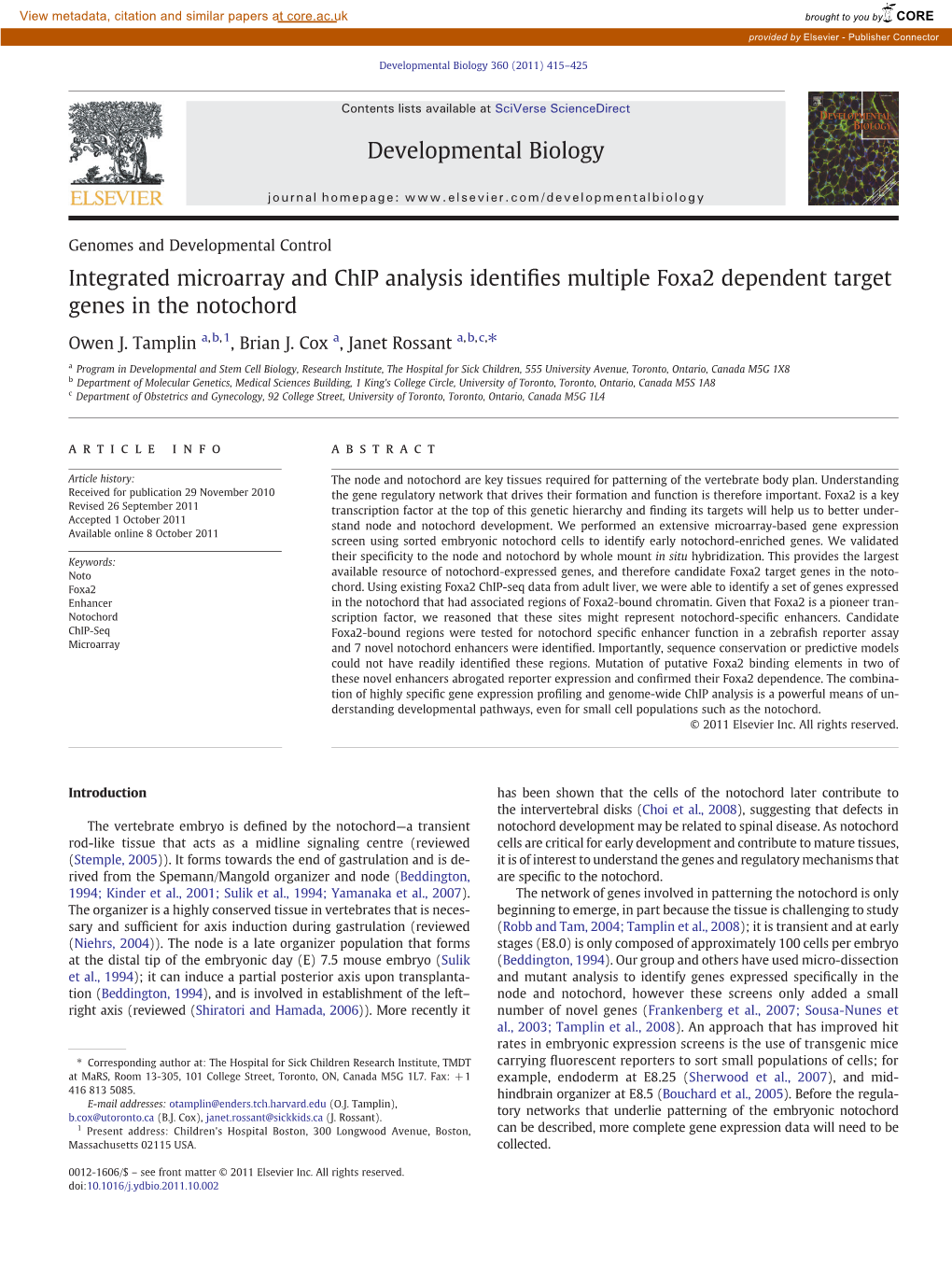 Integrated Microarray and Chip Analysis Identifies Multiple Foxa2 Dependent Target Genes in the Notochord