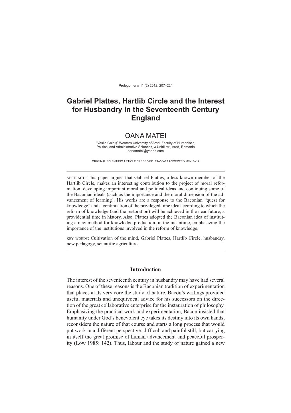 Gabriel Plattes, Hartlib Circle and the Interest for Husbandry in the Seventeenth Century England