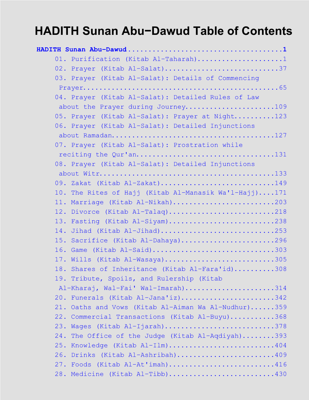 HADITH Sunan Abu−Dawud Table of Contents