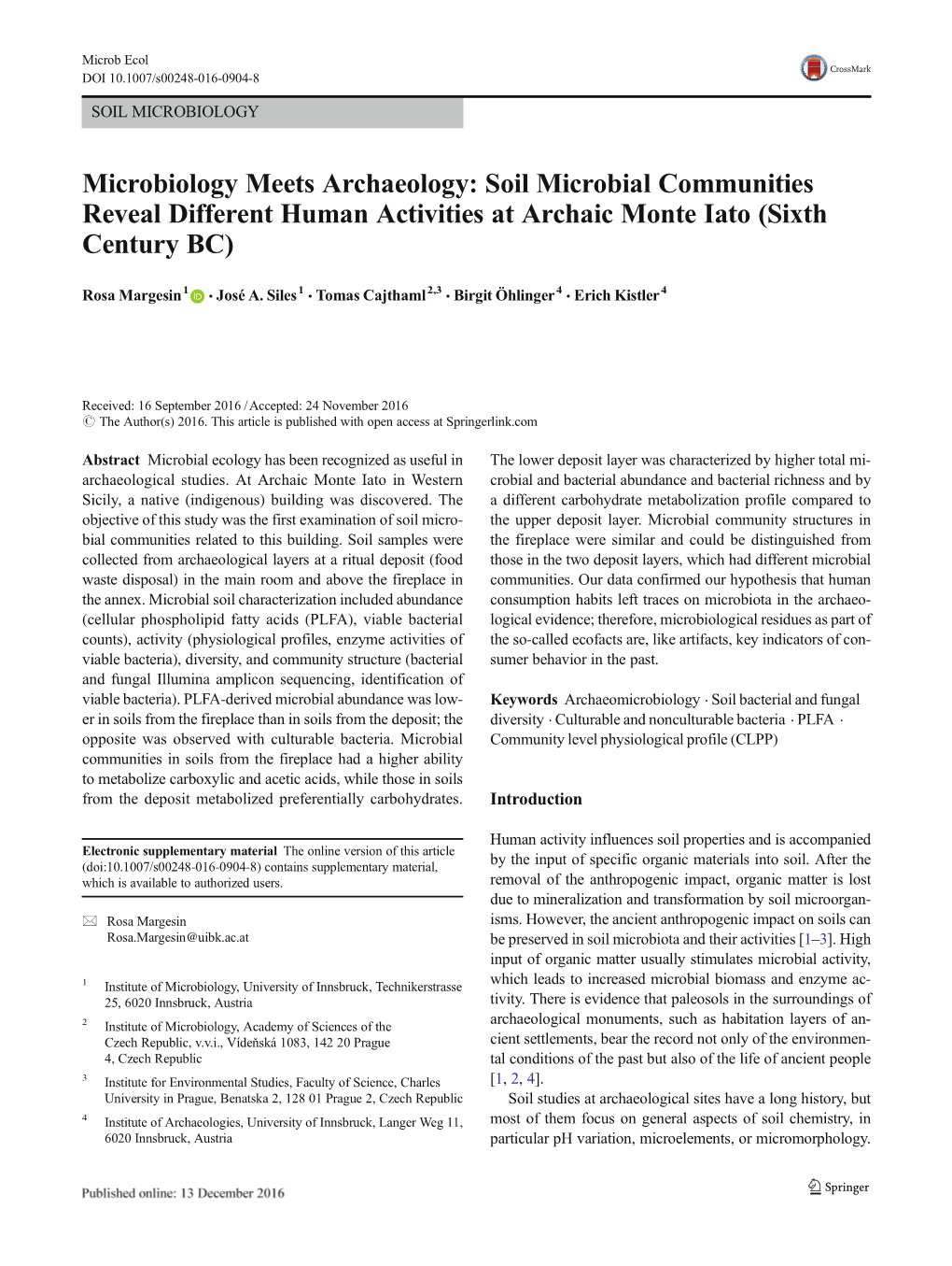 Soil Microbial Communities Reveal Different Human Activities at Archaic Monte Iato (Sixth Century BC)