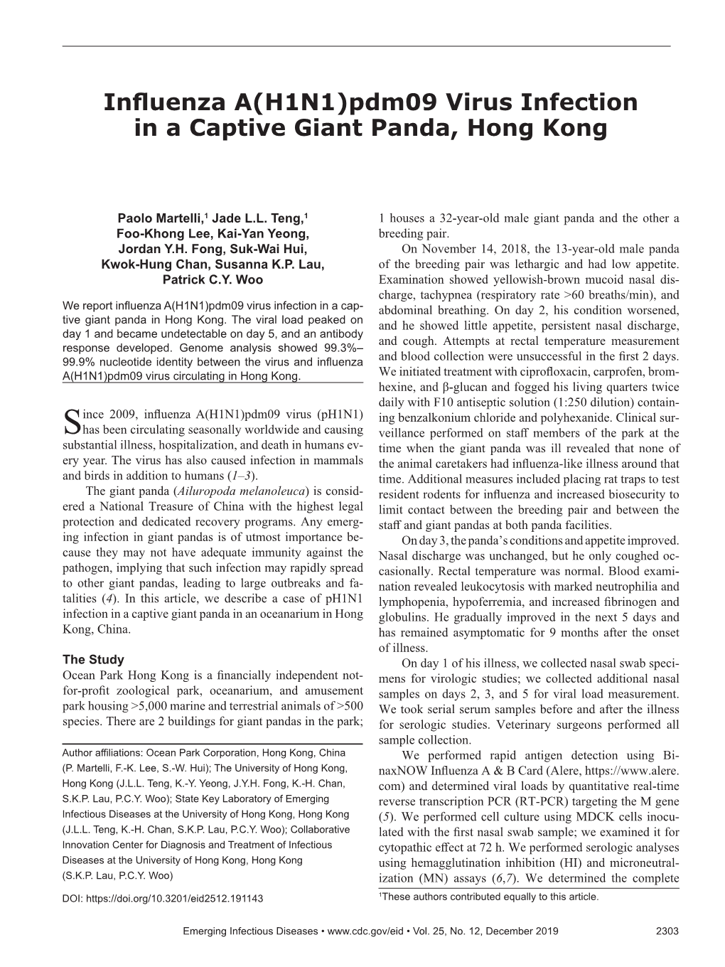 Influenza A(H1N1)Pdm09 Virus Infection in a Captive Giant Panda, Hong Kong